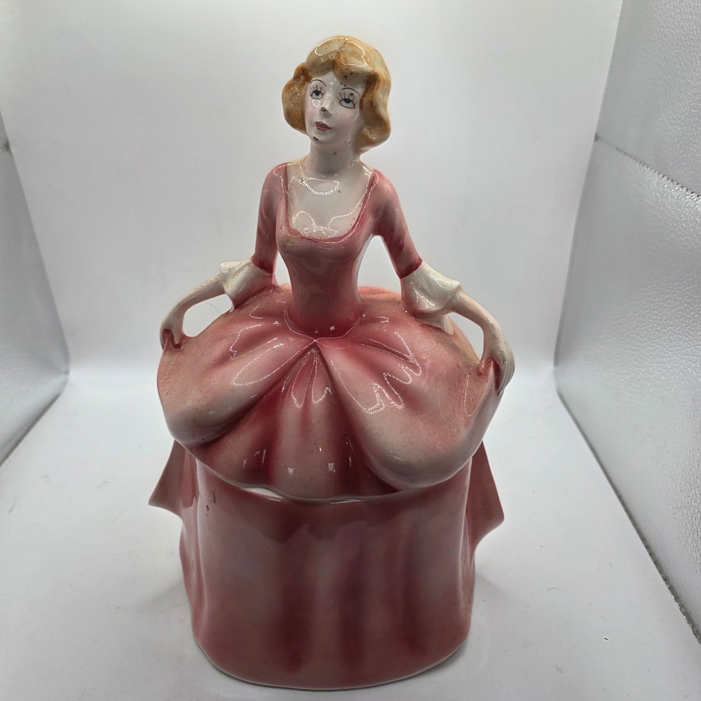 Vintage Pink Lady Ball Gown Ceramic Figural Jar Southern Belle Vanity Container